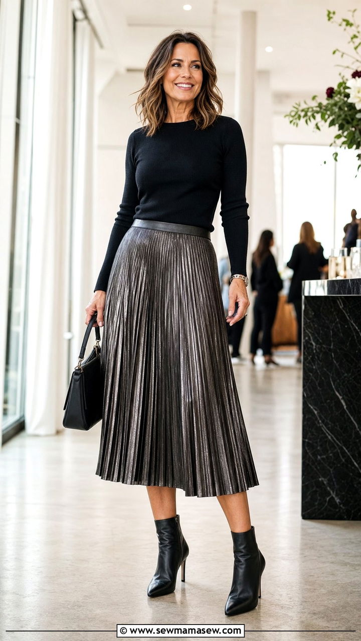 Metallic Pleated Skirt with Black Knit Top - 25 edgy outfit ideas for women over 40