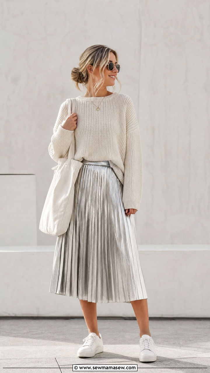 Metallic Pleated Skirt with Casual Knit Outfit - 35 maximalist outfits
