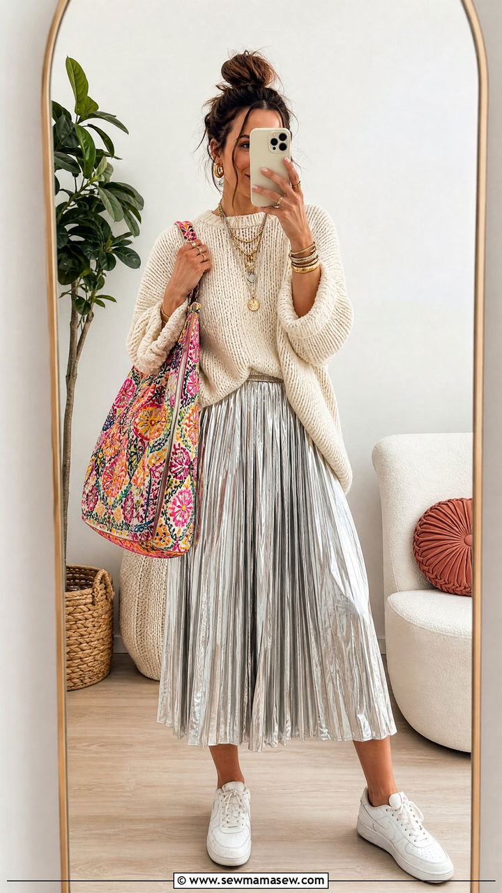 Metallic Pleated Skirt with Chunky Knit Sweater Outfit - 35 maximalist outfits aesthetic