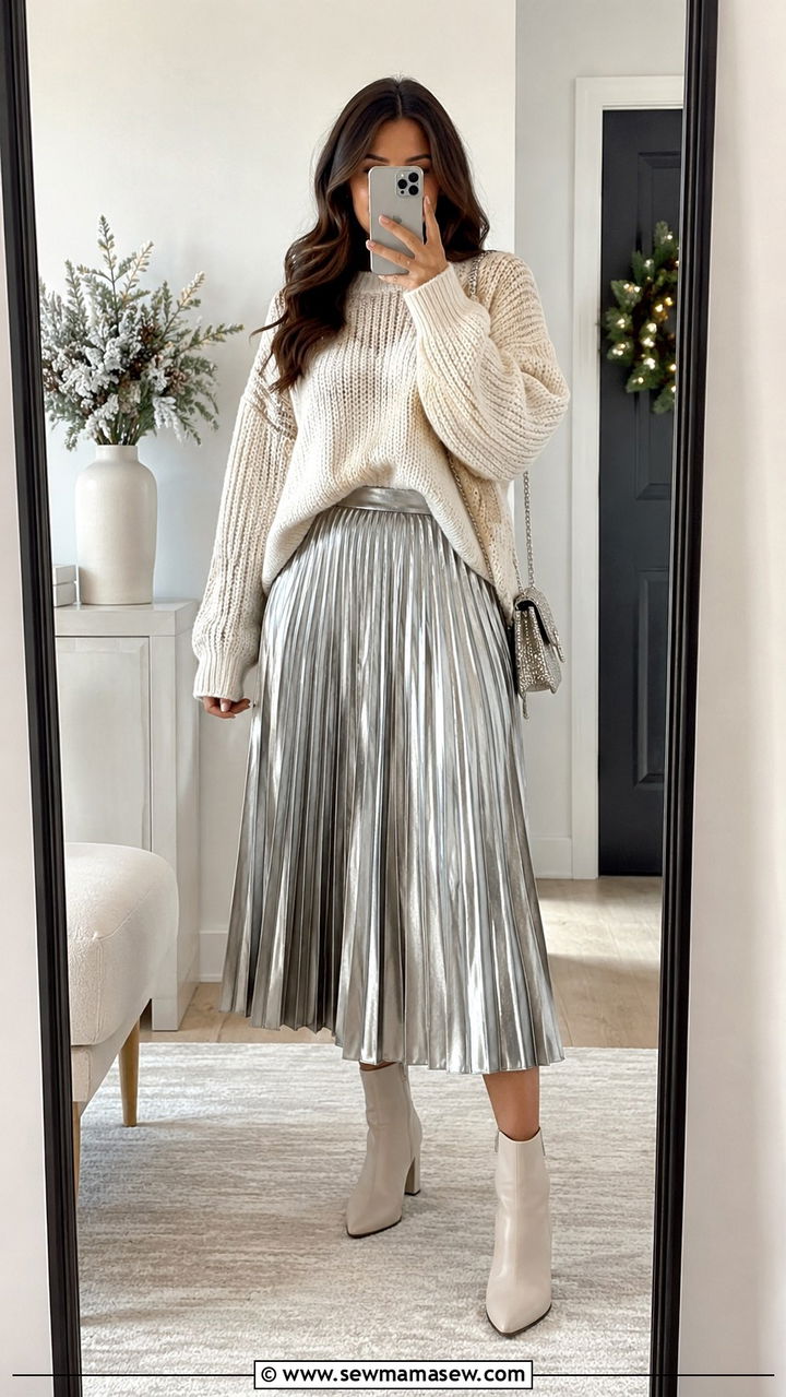 Metallic Pleated Skirt with Chunky Sweater - 25 seasonal birthday outfit ideas