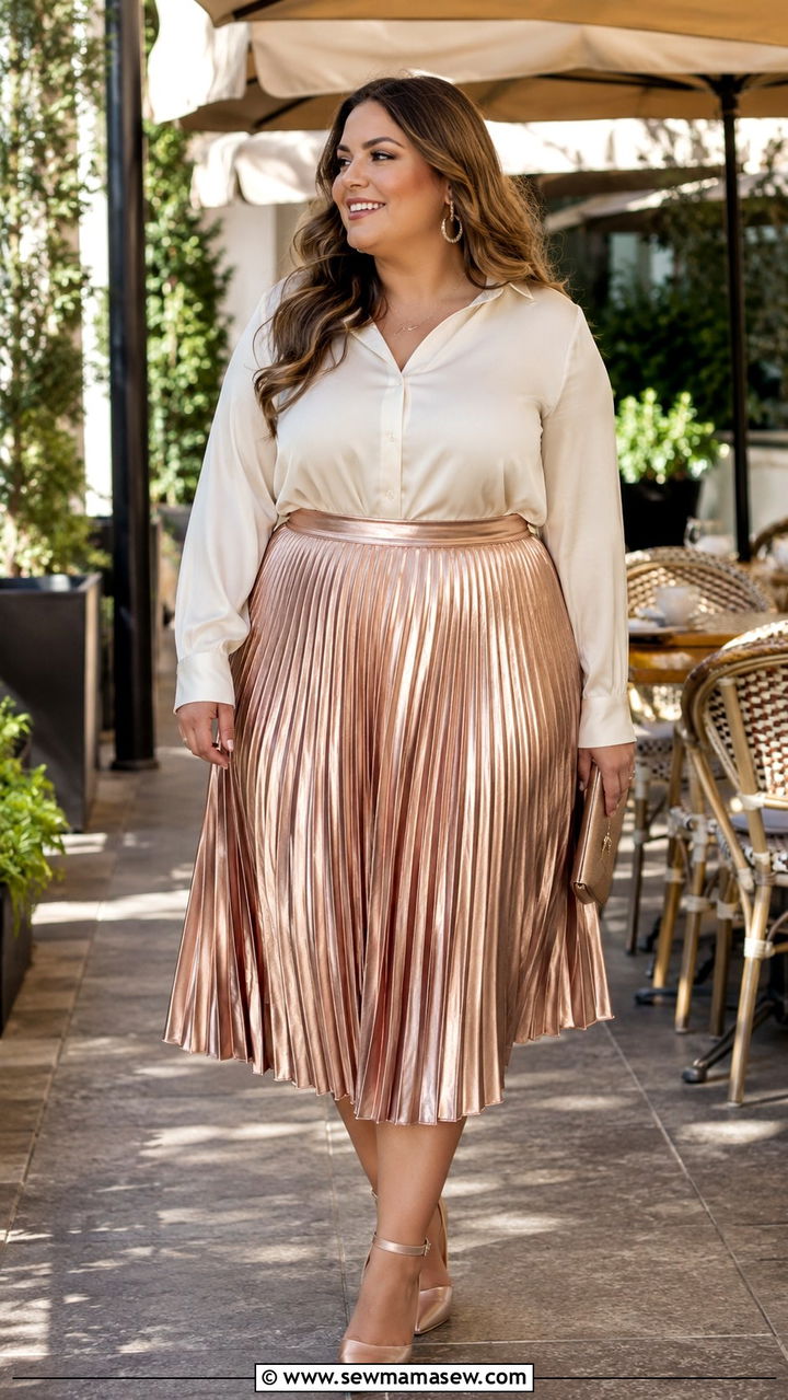 Metallic Pleated Skirt with Silk Blouse - 30 Plus size birthday outfit ideas