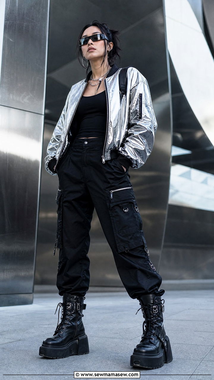 Metallic Silver Bomber With Black Cargo Pants And Platform Boots - 35 Billie Eilish concert outfit ideas