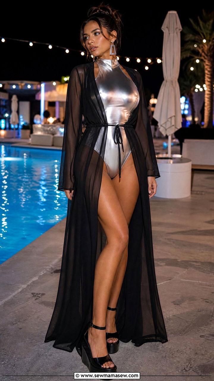 Metallic Silver One Piece with Sheer Maxi Dress - 35 Las Vegas outfit ideas for pool