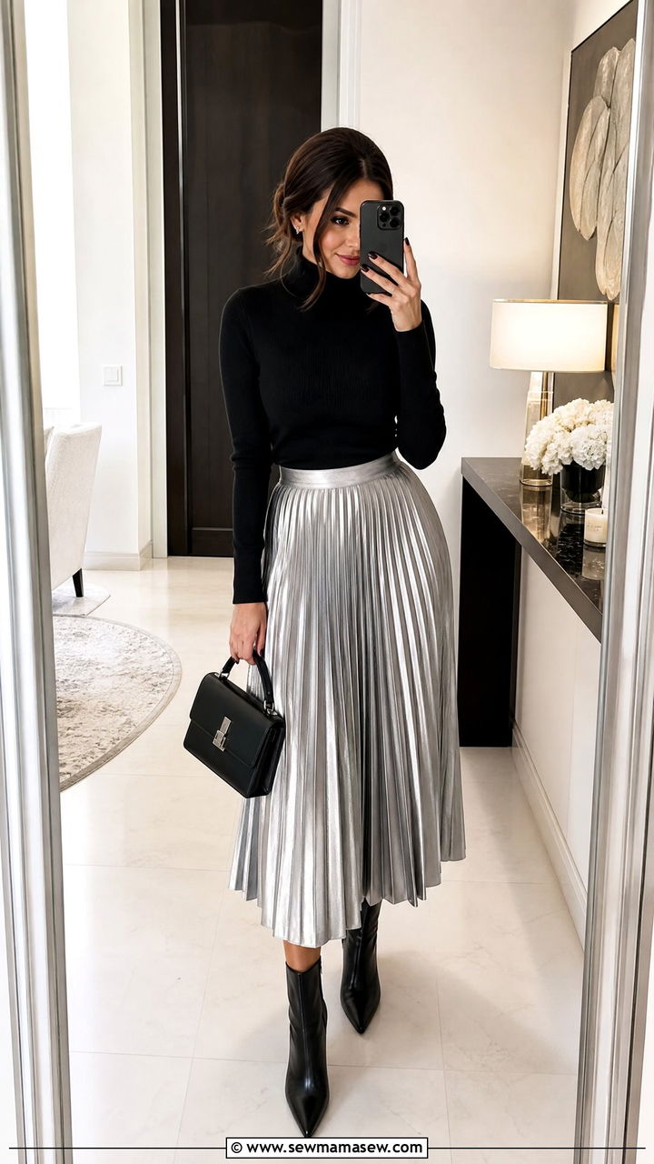 Metallic Silver Pleated Midi Skirt With Black Turtleneck - 25 classy celestial outfits