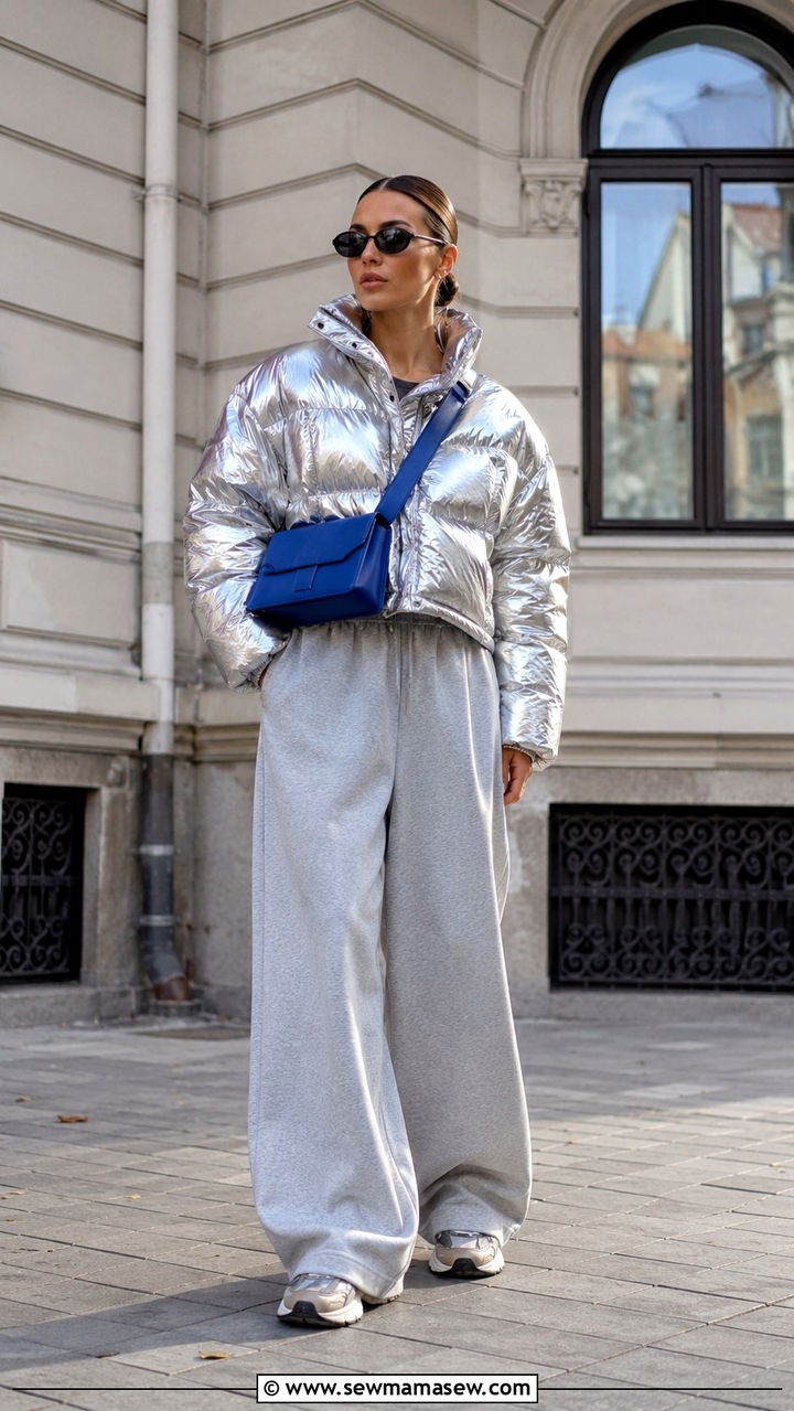 Metallic Silver Puffer With Wide Leg Pants And Sneakers - 25 Puffer jacket outfit ideas cute
