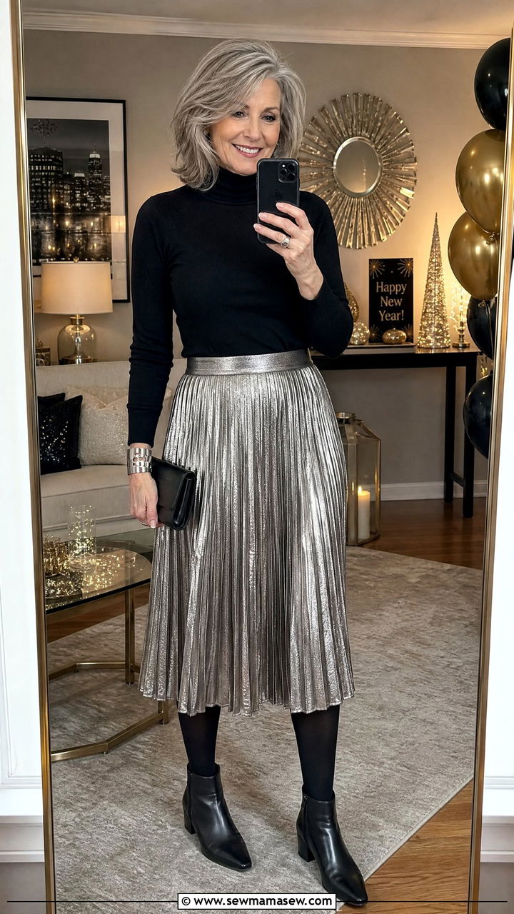 Metallic Skirt With A Black Turtleneck - 35 Going out outfit ideas women over 50