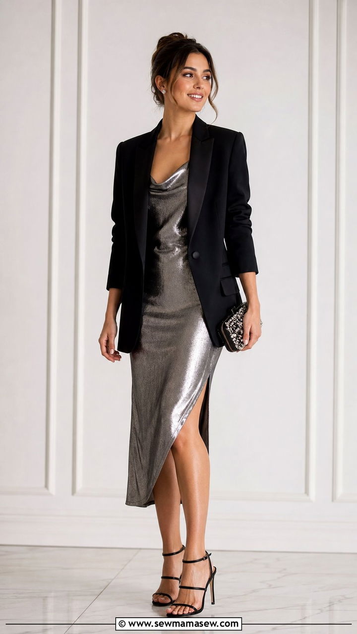 Metallic Slip Dress With Black Tuxedo Blazer - 25 Slip dress outfit ideas with a blazer