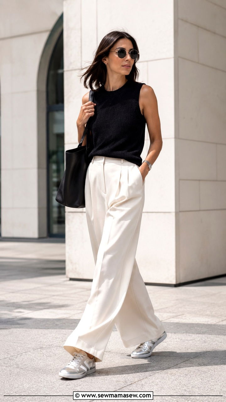 Metallic Sneakers with Wide Leg Trousers Outfit - 20 sneaker outfits 2026