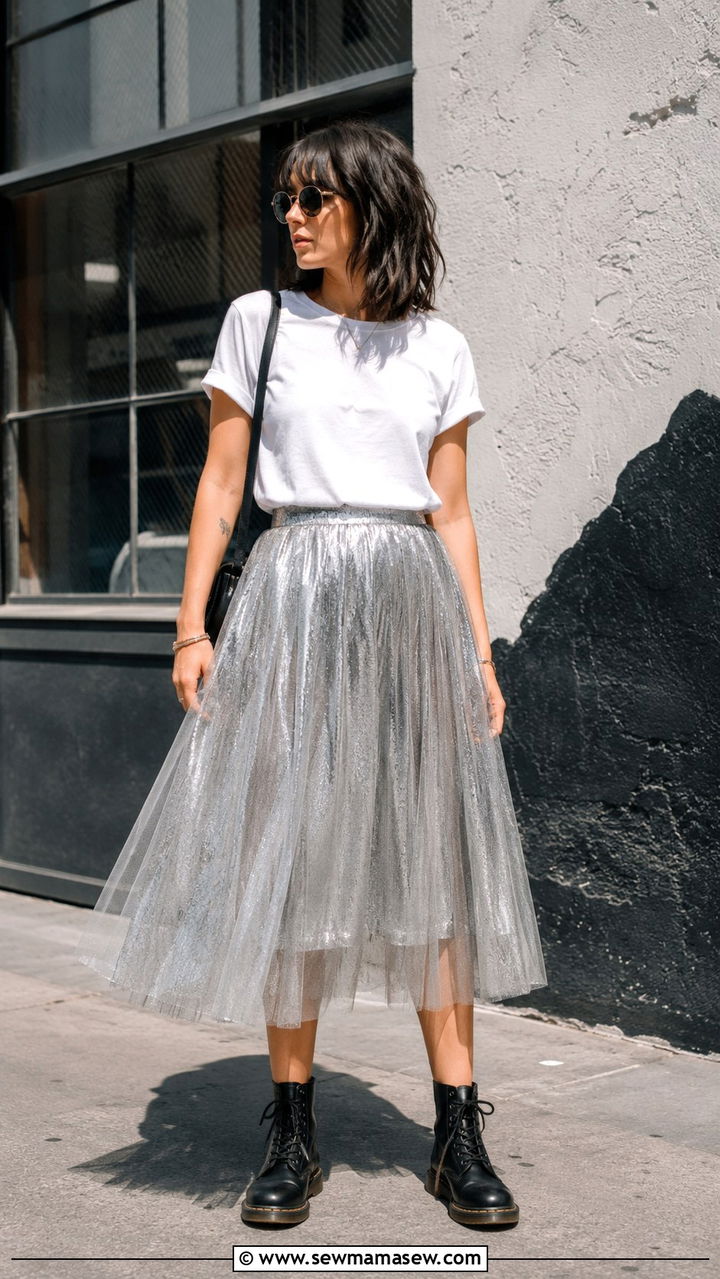 Metallic Tulle Skirt with Simple Tee and Doc Martens - 25 Tulle skirt outfit ideas with boots