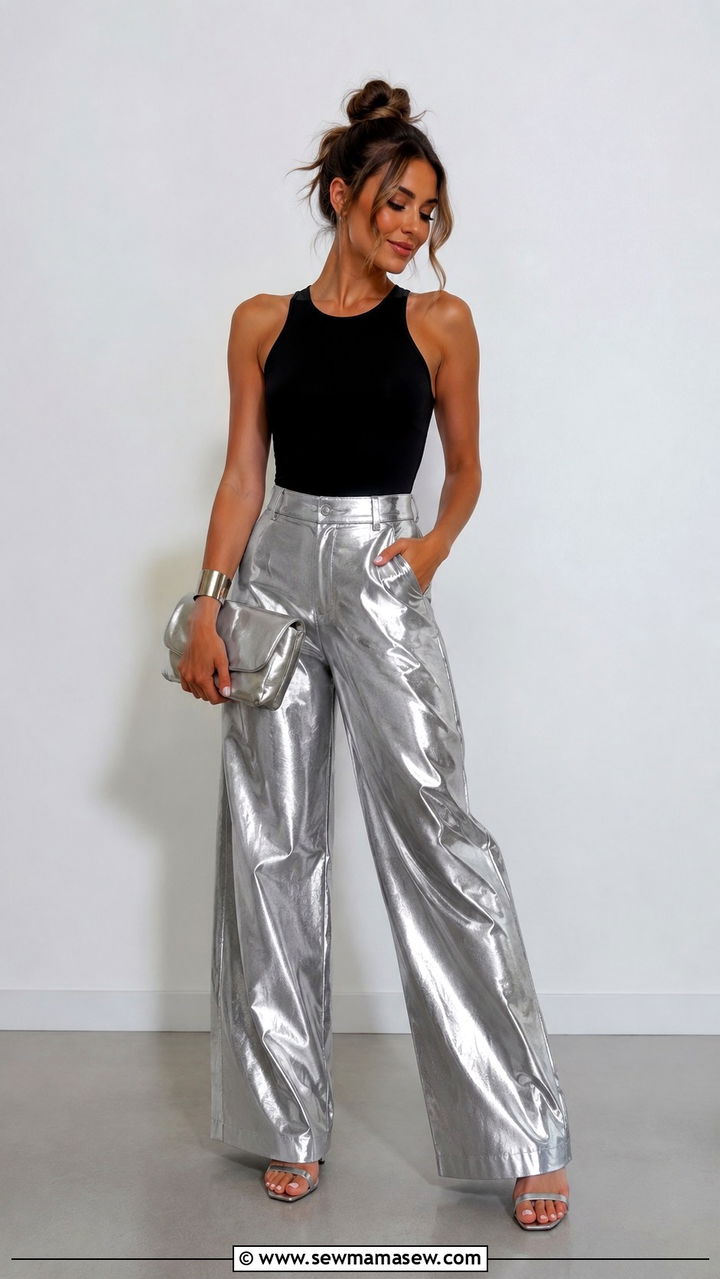 Metallic Wide Leg Pants With Sleek Bodysuit And Heeled Sandals - 25 seasonal summer concert outfit ideas