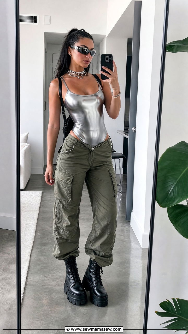 Metallic bodysuit with cargo pants and platform boots - 35 Lollapalooza outfit ideas