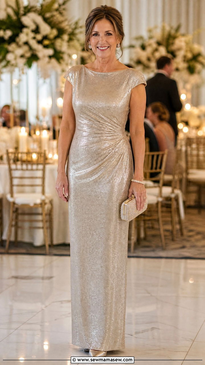 Metallic column gown mother of the bride outfit - 25 Wedding guest outfit ideas for mom of the bride