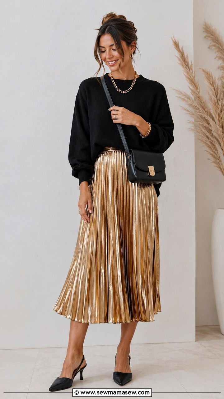 Metallic pleated midi skirt with black oversized sweater - 20 cute glamoratti outfits