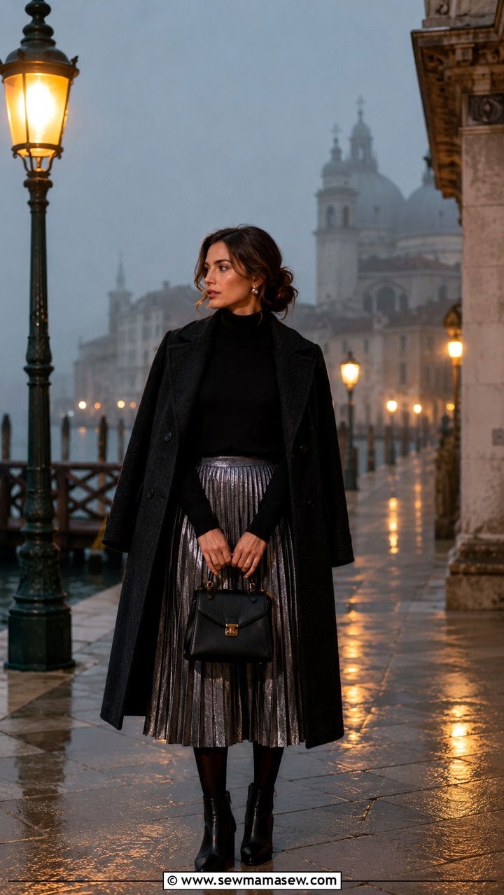 Metallic pleated skirt and black turtleneck outfit Venice winter - 30 Italy outfits for women