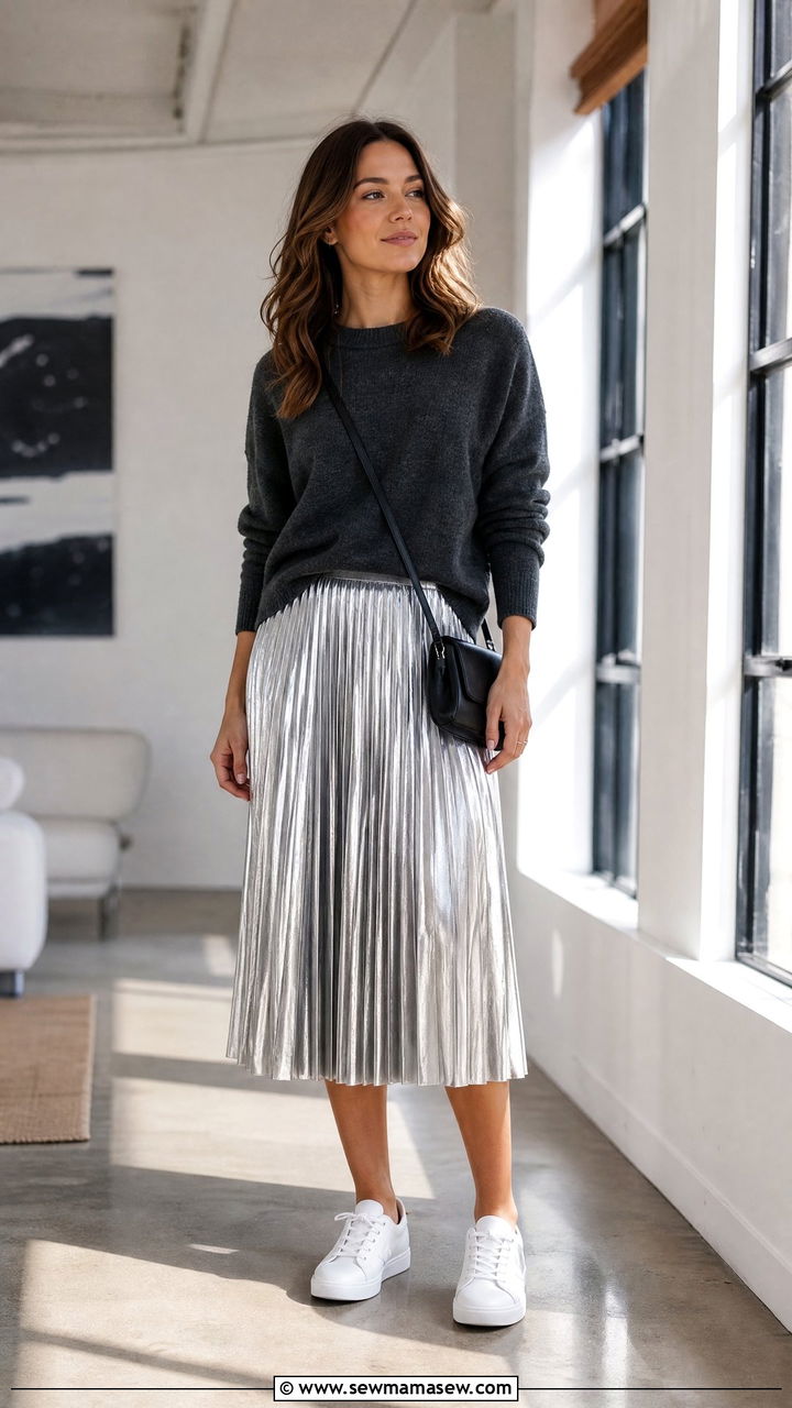 Metallic pleated skirt with a relaxed sweater - 25 fashion inspo outfits 2026