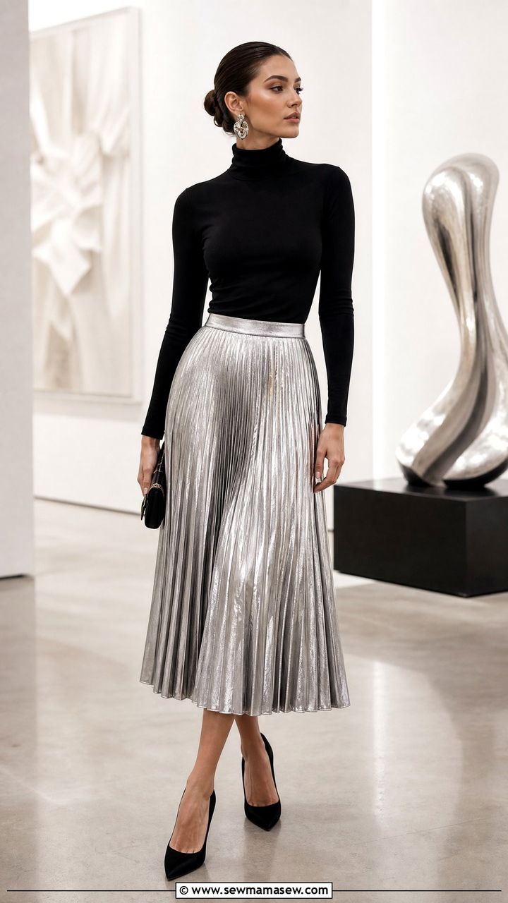 Metallic pleated skirt with black turtleneck - 25 spring pleated skirt outfit ideas