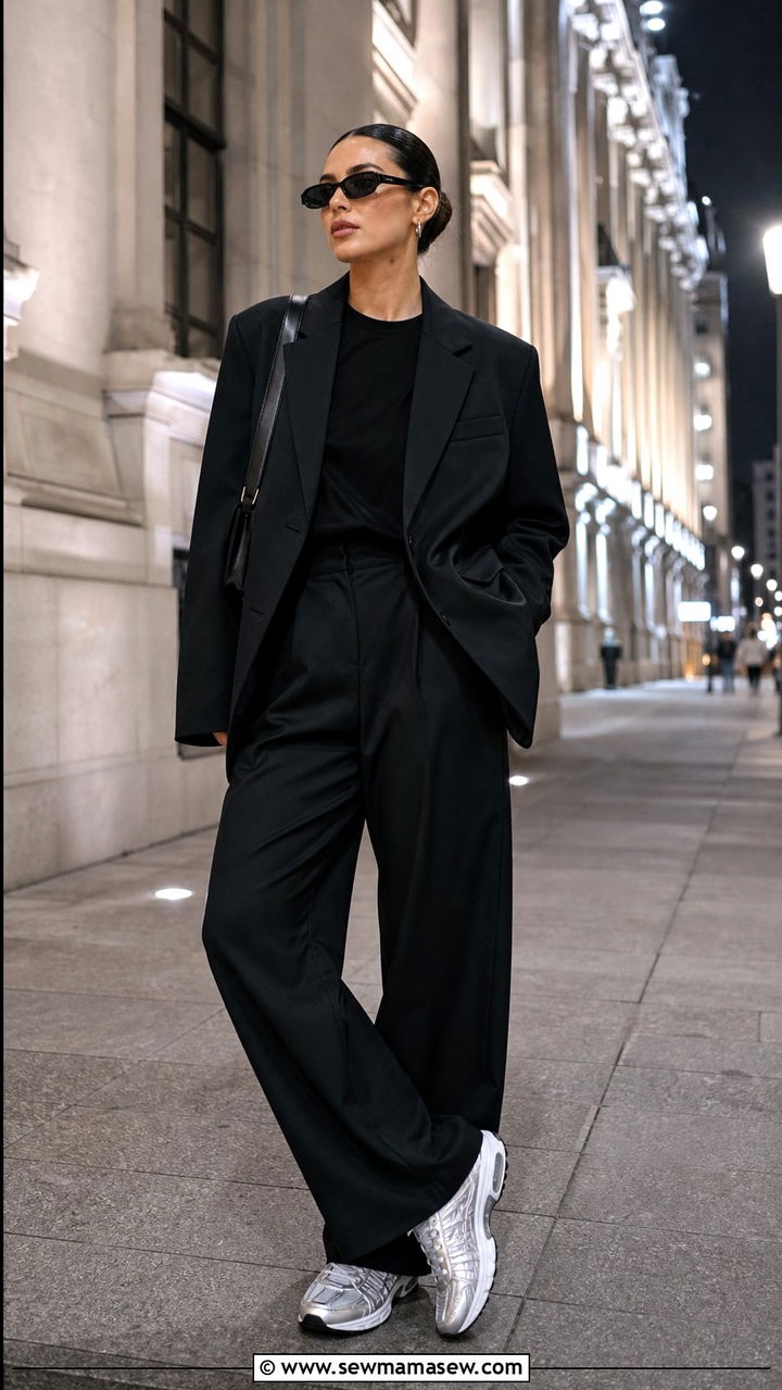 Metallic sneakers with black tailored trousers and an oversized blazer - 25 sneaker outfits aesthetic