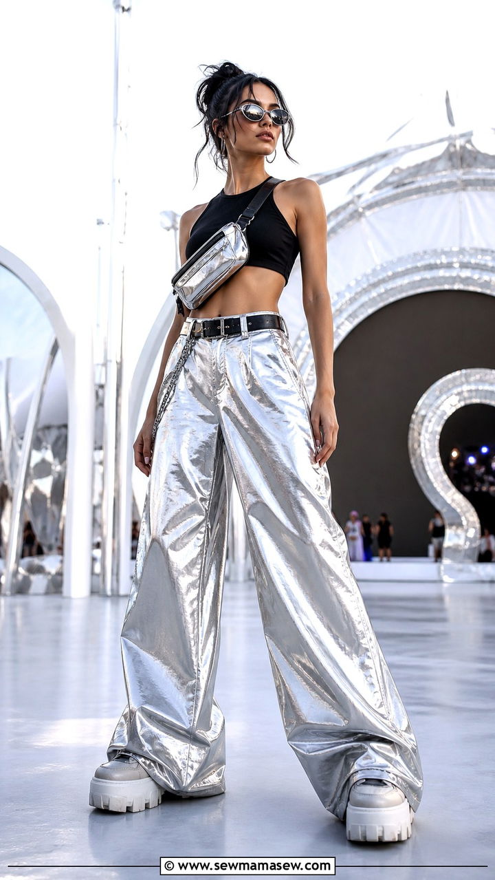 Metallic wide leg pants with crop top - 40 festival outfits ideas