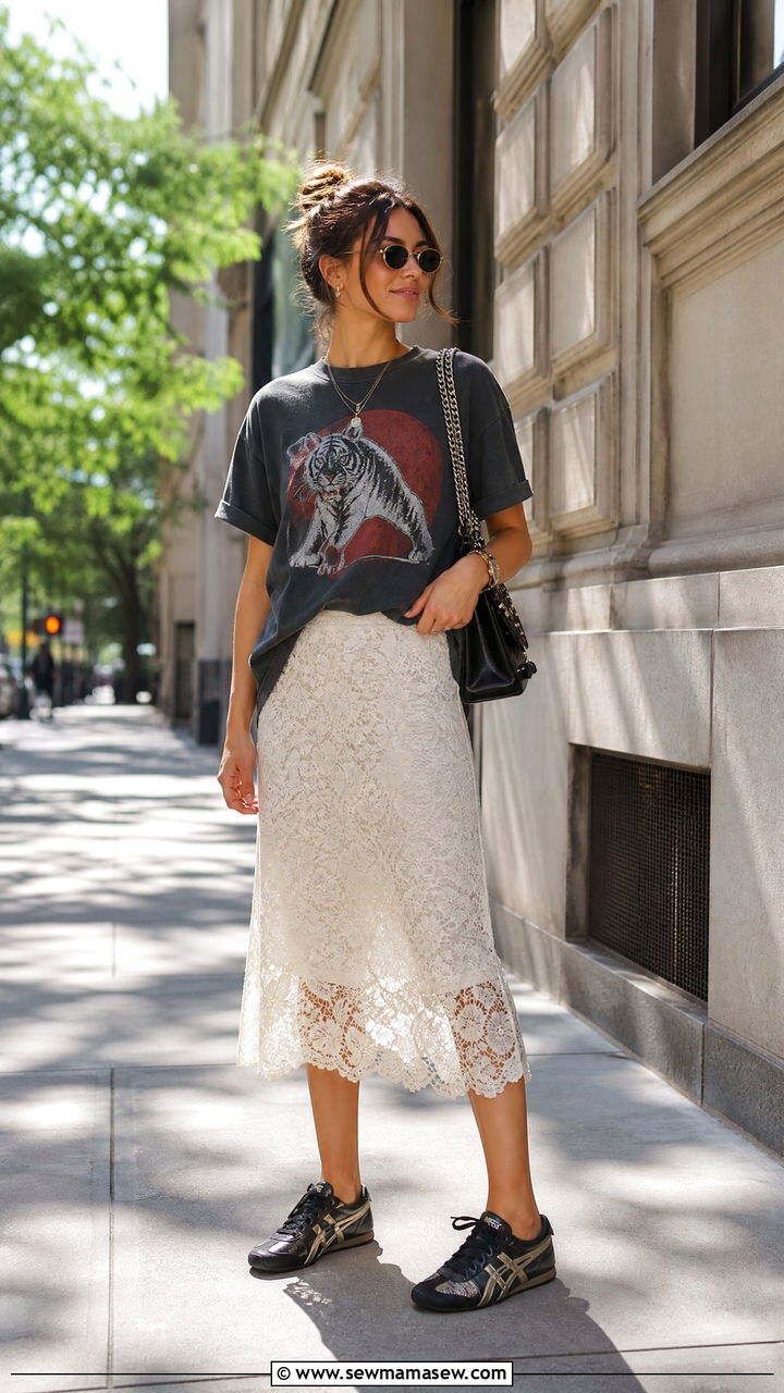 Mexico 66 TGRS with a lace midi skirt and graphic tee - 25 Sporty chic outfit ideas with Onitsuka Tigers
