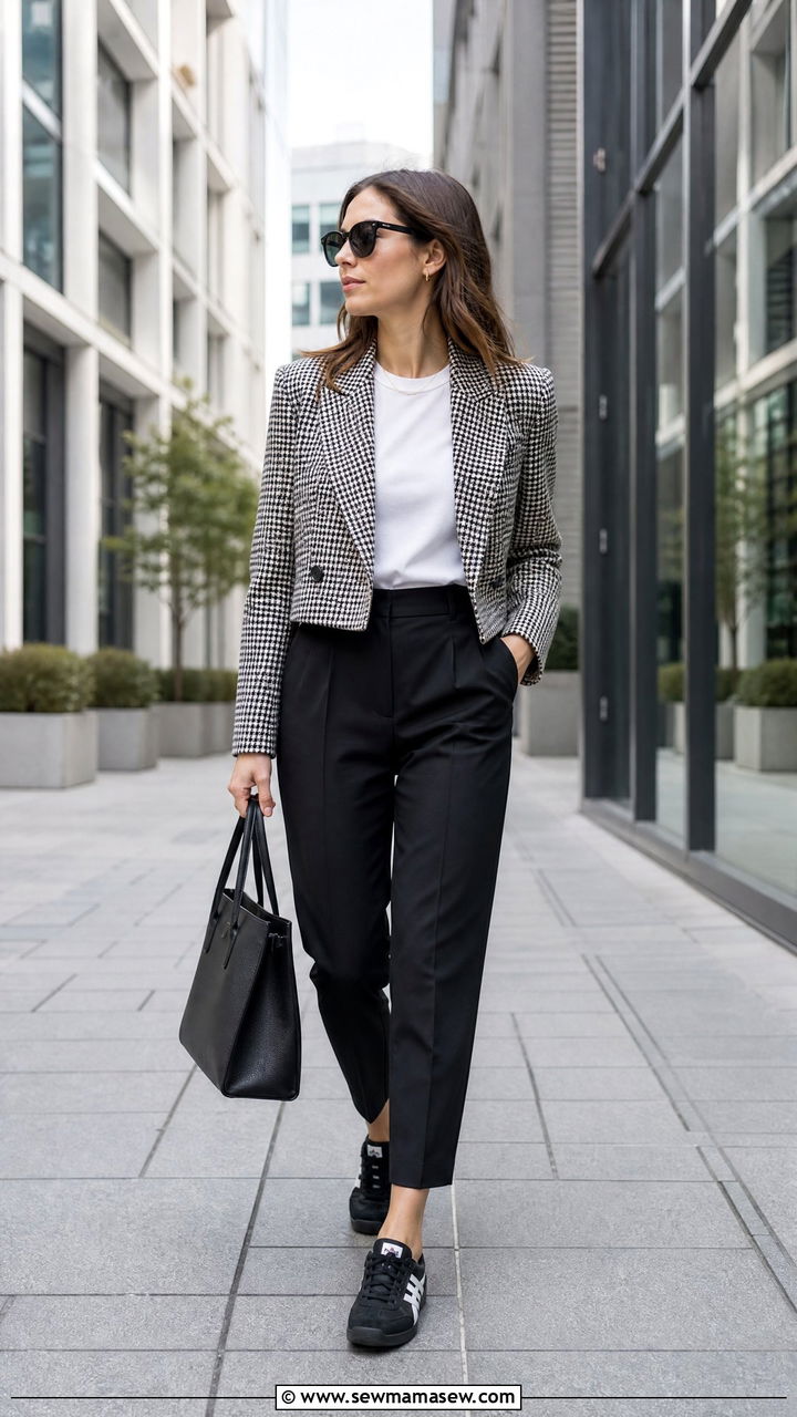 Mexico 66 with a cropped blazer and ankle trousers - 25 Sporty chic outfit ideas with Onitsuka Tigers