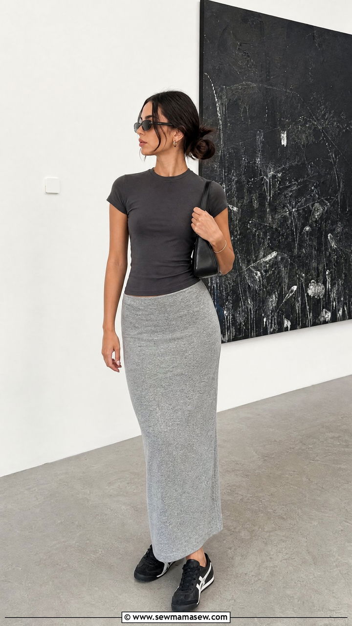 Mexico 66 with a maxi column skirt and fitted tee - 25 Sporty chic outfit ideas with Onitsuka Tigers