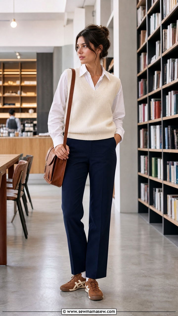 Mexico 66 with a sweater vest and tailored trousers - 25 Sporty chic outfit ideas with Onitsuka Tigers