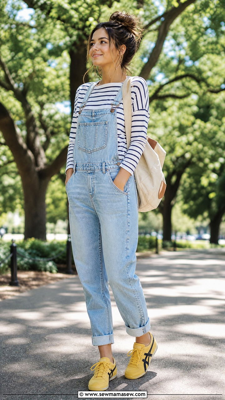 Mexico 66 with denim overalls and a striped long sleeve tee - 25 Sporty chic outfit ideas with Onitsuka Tigers