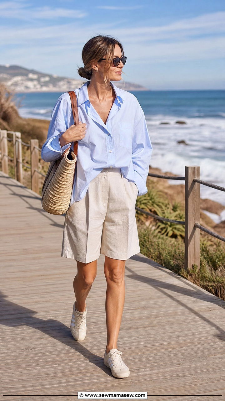Mexico 66 with linen Bermuda shorts and an oversized button down - 25 Sporty chic outfit ideas with Onitsuka Tigers