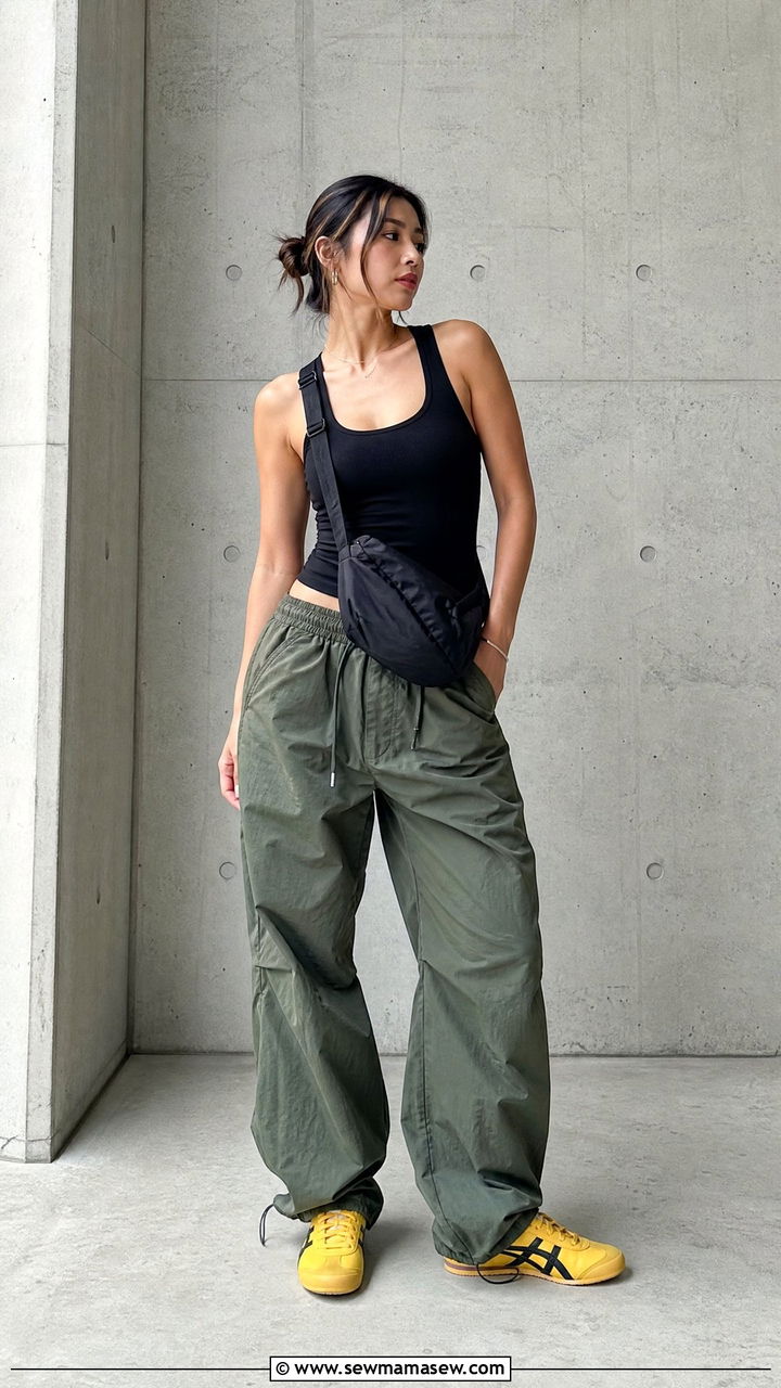 Mexico 66 with parachute pants and a fitted top - 25 Sporty chic outfit ideas with Onitsuka Tigers