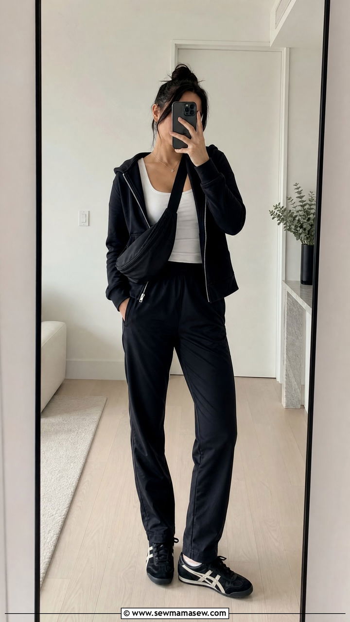 Mexico 66 with slim track pants and a zip up hoodie - 25 Sporty chic outfit ideas with Onitsuka Tigers