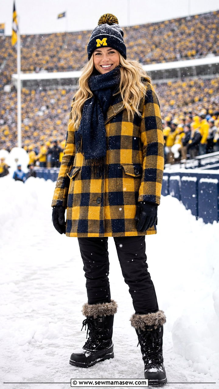 Michigan beanie with buffalo plaid coat and snow boots outfit - 20 Gameday outfit ideas Michigan