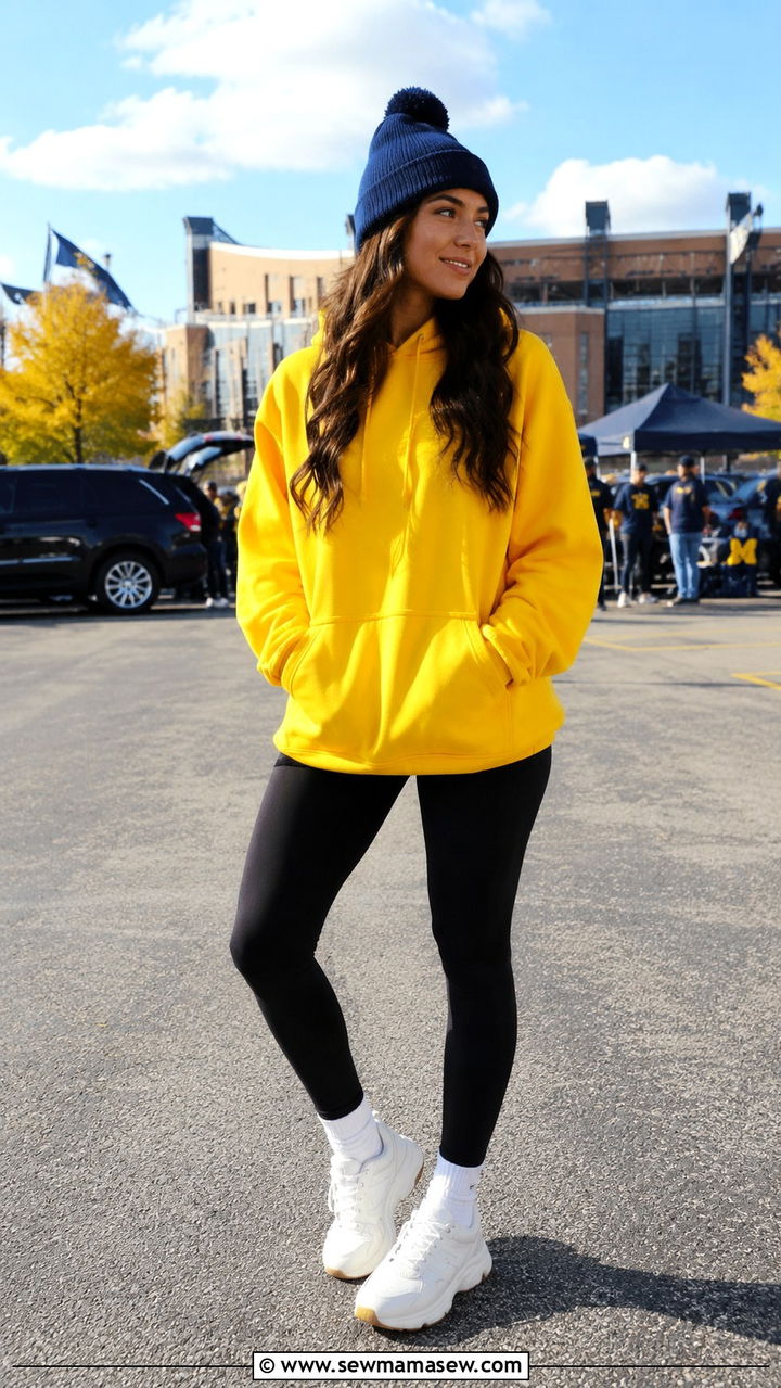Michigan hoodie with leggings and sneakers outfit - 20 Gameday outfit ideas Michigan