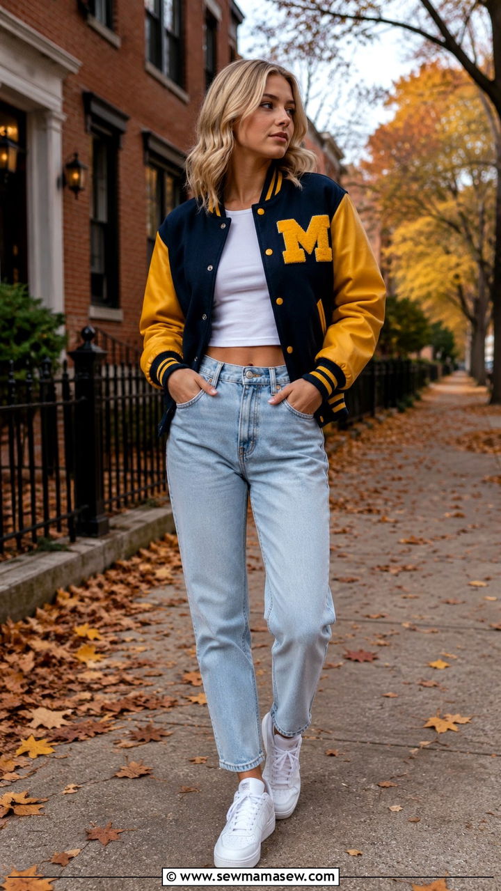 Michigan letterman jacket with mom jeans outfit - 20 Gameday outfit ideas Michigan
