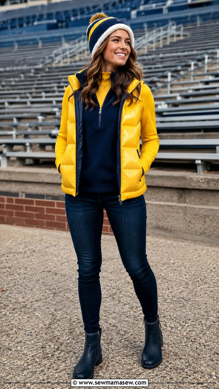 Michigan puffer vest with thermal layers and jeans outfit - 20 Gameday outfit ideas Michigan