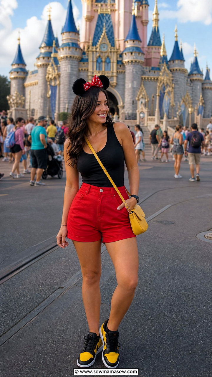 Mickey Mouse Color Blocked Outfit with Red Shorts - 30 Disney World outfit ideas summer