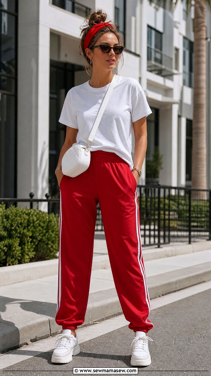 Mickey Mouse Tee and Red Track Pants Outfit - 30 Disneyland Paris outfit ideas