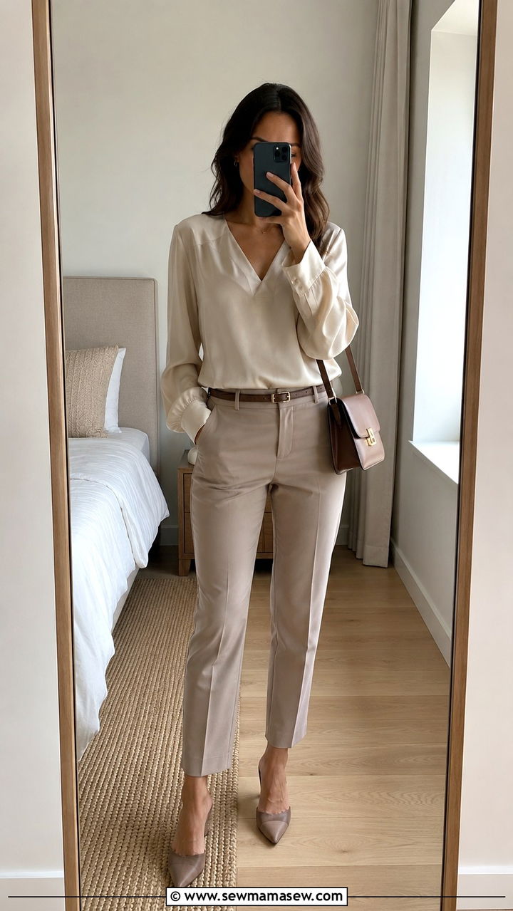 Mid Rise Trousers with V Neck Blouse - 25 outfit ideas for short torso women