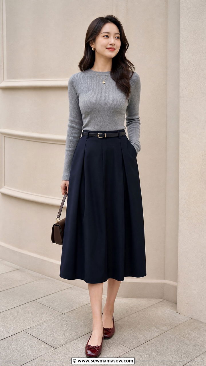 Midi A Line Skirt With Fitted Knit Top Outfit For Short Torso - 25 Outfits for short torso women