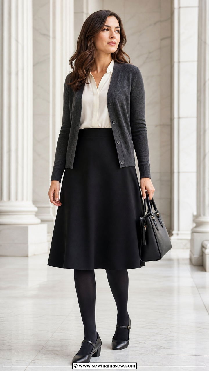 Midi A Line Skirt with Blouse and Cardigan - 25 Federal court outfit ideas for women