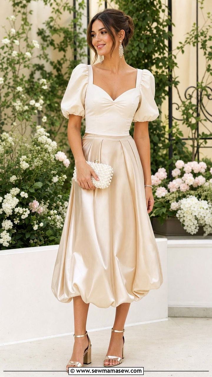 Midi Bubble Skirt With Fitted Blouse and Heeled Sandals - 25 spring bubble skirt outfit ideas