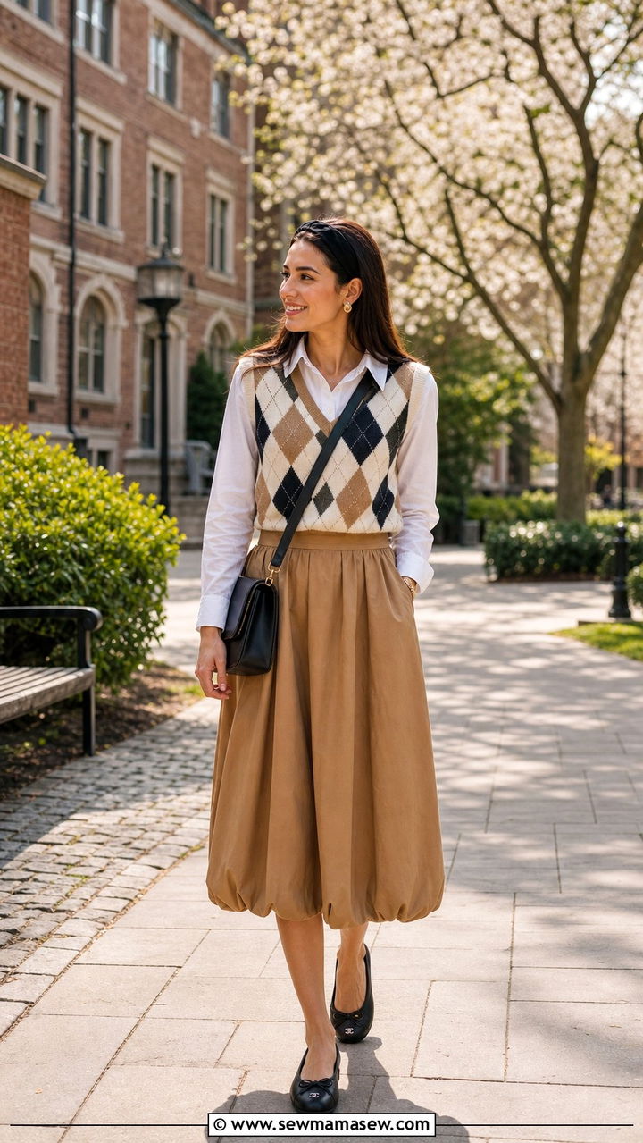Midi Bubble Skirt With Sweater Vest and Ballet Flats - 25 spring bubble skirt outfit ideas