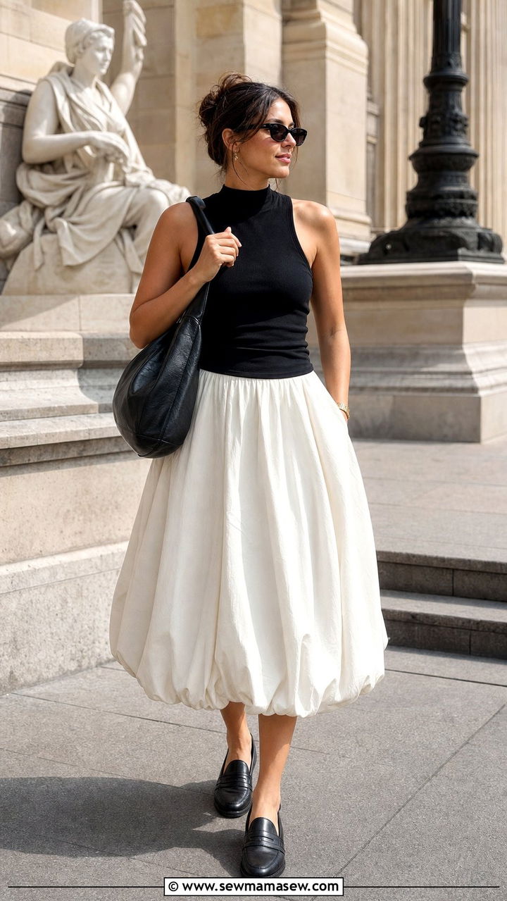 Midi Bubble Skirt With Tank Top and Loafers - 25 spring bubble skirt outfit ideas