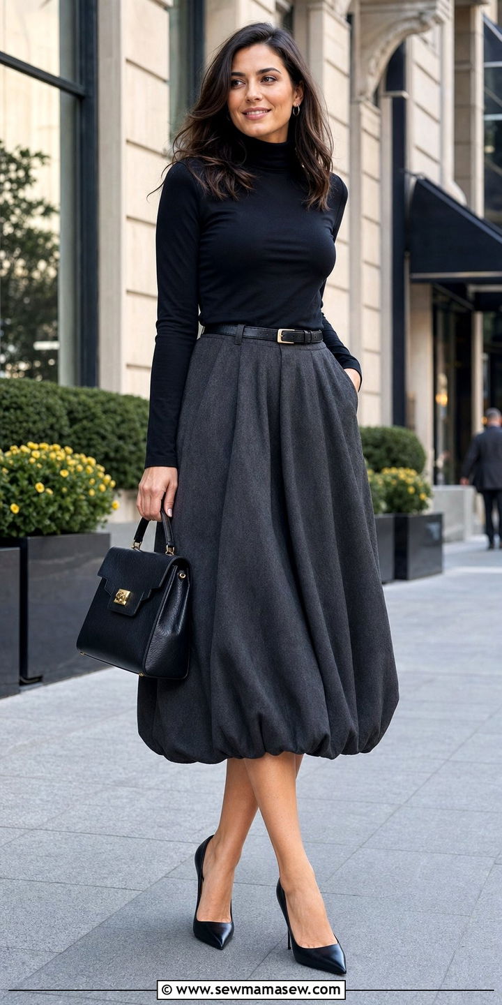 Midi Bubble Skirt With Turtleneck and Pointed Toe Pumps - 25 spring bubble skirt outfit ideas