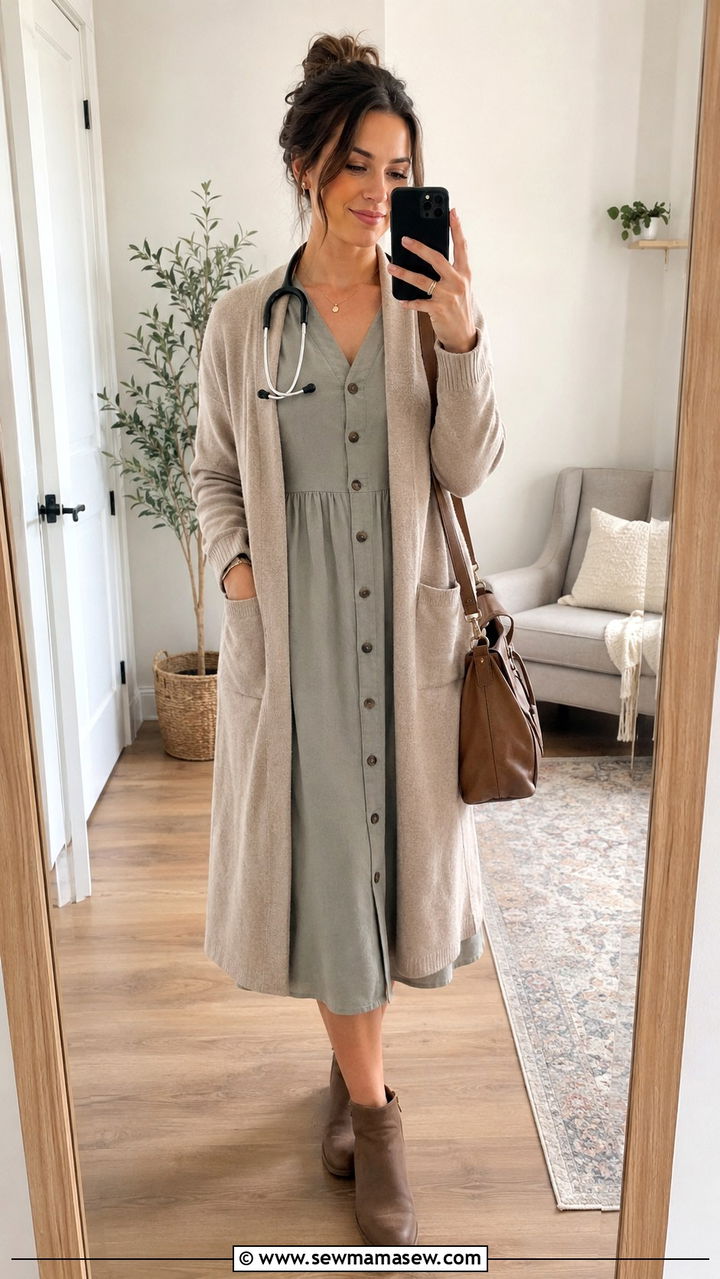 Midi Button Front Dress With A Longline Cardigan - 20 Modest outfit ideas for nurse