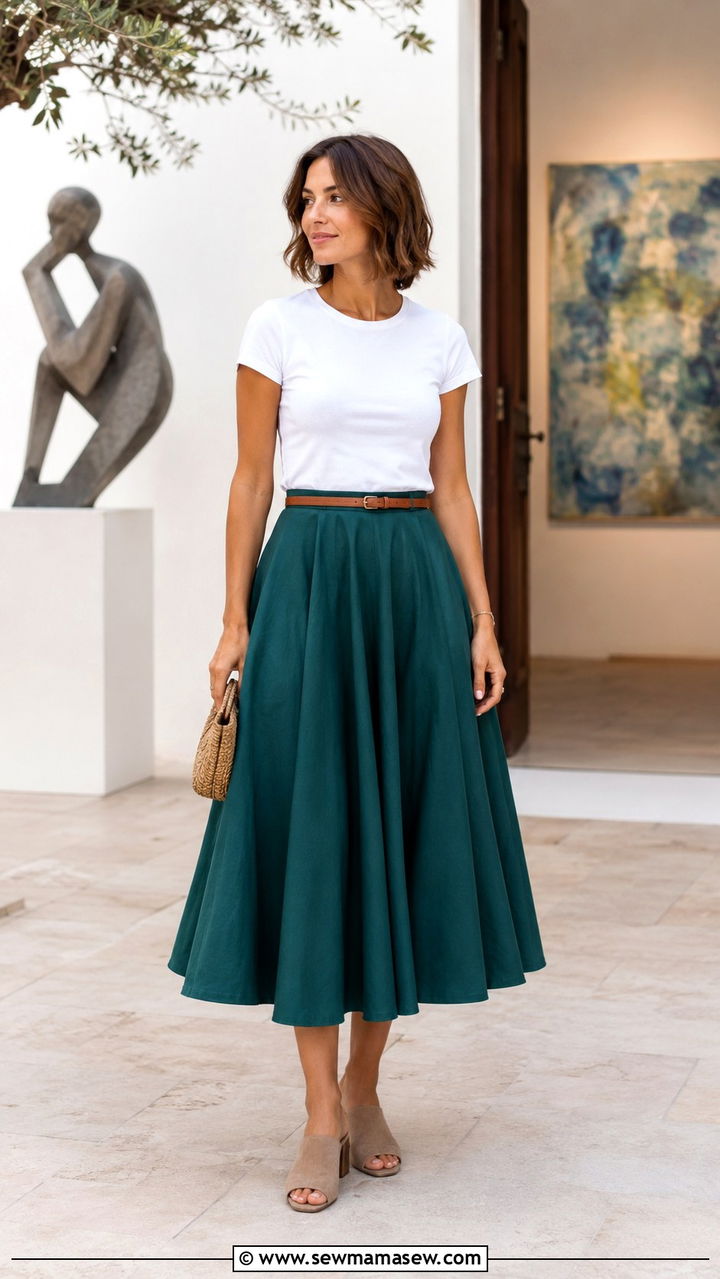 Midi Circle Skirt And Fitted Tee Outfit - 25 Mid century outfit ideas