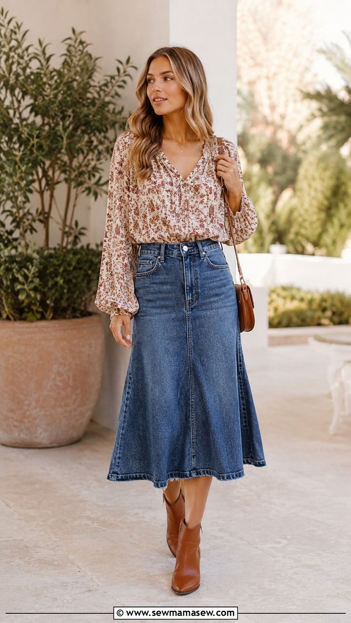 Midi Denim Skirt With Ankle Boots And Blouse - 30 Denim skirt outfit ideas with boots