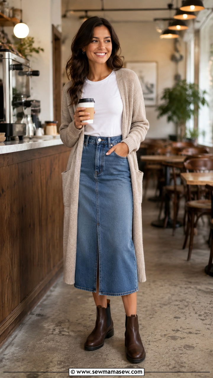 Midi Denim Skirt With Chelsea Boots And Cardigan - 30 Denim skirt outfit ideas with boots