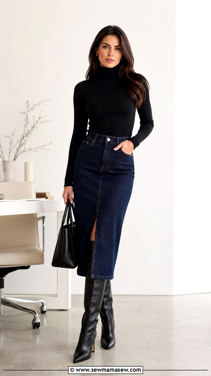 Midi Denim Skirt With Knee High Boots And Fitted Turtleneck - 30 Denim skirt outfit ideas with boots