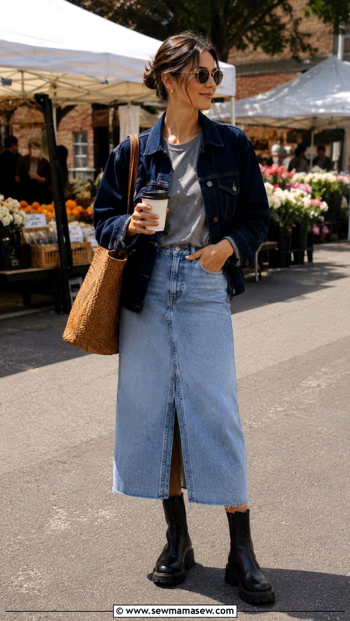 Midi Denim Skirt With Lug Sole Boots And Denim Jacket - 30 Denim skirt outfit ideas with boots