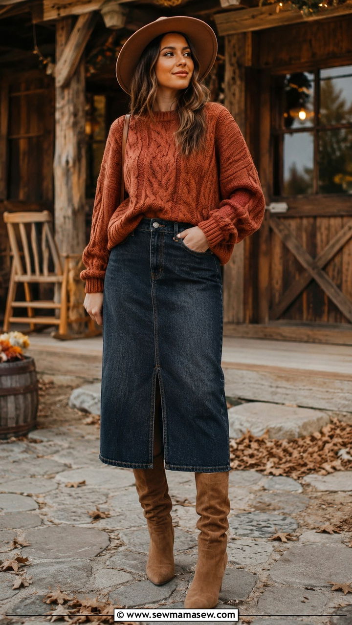 Midi Denim Skirt With Slouchy Boots And Oversized Sweater - 30 Denim skirt outfit ideas with boots